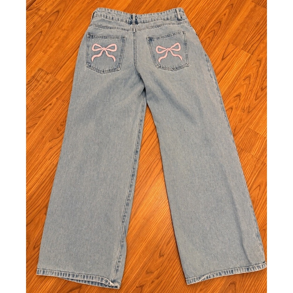 Edikted Light Wash Wide Leg Jeans Pink Bow Coquette Y2K